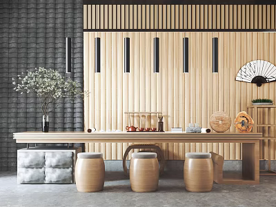 Japanese Wooden Tea Table and Stools with Bamboo Slat Wall Tea Sets Vase and Fan 3d model