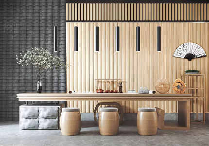 New Chinese Style Tea Table and Chair Zen Style Tea Table and Chair Combination Low Stool Round Stool Tile Wall Fan Decoration Tea Set Chandelier 3d model