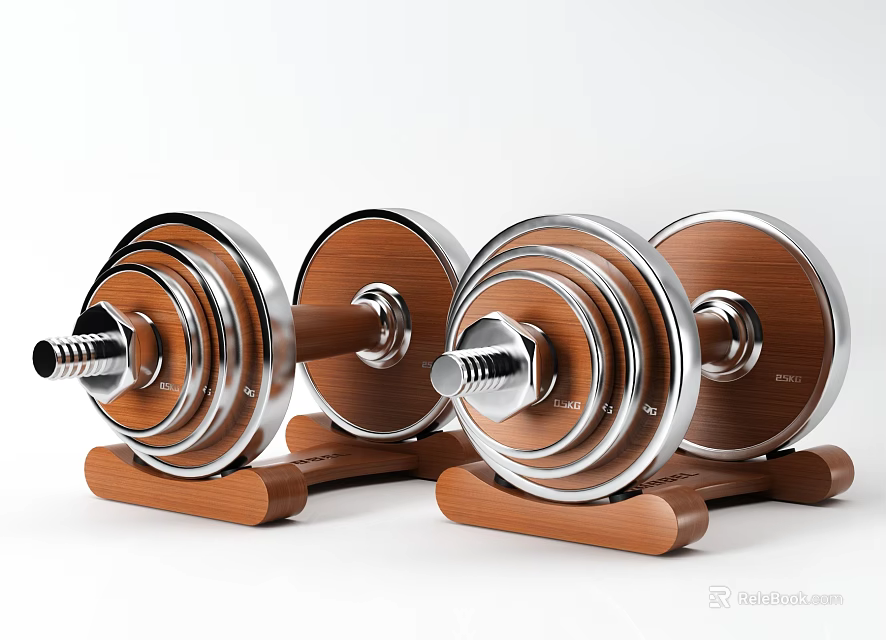 Pair Of Adjustable Sports Equipment Dumbbells With Silver Weight Plates On Wooden Stand 3d model 