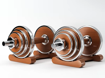 Pair Of Adjustable Sports Equipment Dumbbells With Silver Weight Plates On Wooden Stand 3d model