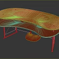 Modern Pink Wooden Table With Curved Surface Red Lower Shelf And Metal Legs