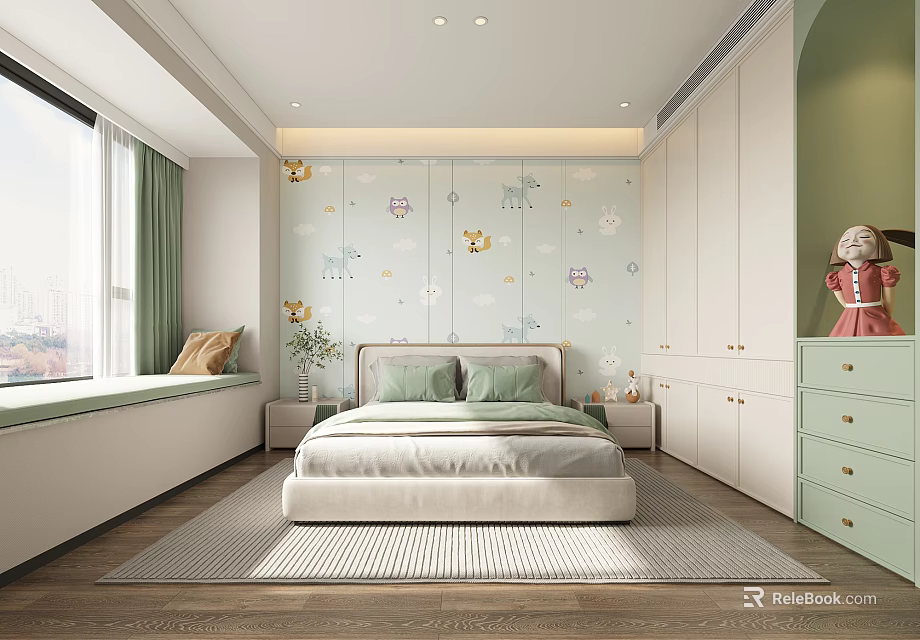 Soft Green Kids Bedroom With Animal Wall Art And Large Window 3d model 