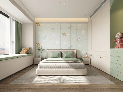 Soft Green Kids Bedroom With Animal Wall Art And Large Window 3d model