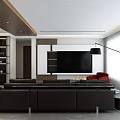 Modern Living Dining Room Interior With Open Layout Dark Leather Sofa And Wooden Shelves