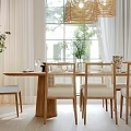 Elegant Restaurant Dining Space With Arched Windows Rattan Pendant Lights White Curtains And Rattan Chairs