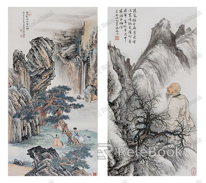 Chinese style landscape painting mountain stone figure landscape pattern hanging painting combination model