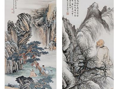 Chinese style landscape painting mountain stone figure landscape pattern hanging painting combination model