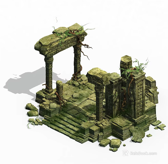 Historic Stone Architectural Ruins With Ornate Columns Steps And Climbing Vines 3d model 