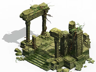 Historic Stone Architectural Ruins With Ornate Columns Steps And Climbing Vines 3d model
