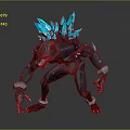3D Fantasy Creature Character In Aggressive Stance With Blue Crystal Spikes And Mechanical Sharp Claws