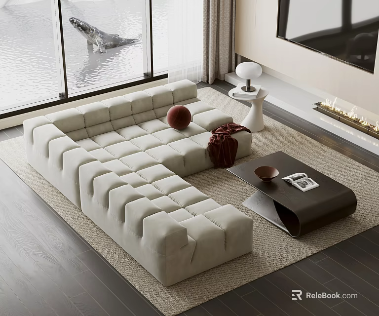 Modern Beige Velvet Sectional Sofa In Living Room Interior With Coffee Table And Floor Lamp 3d model 