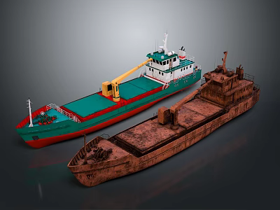 Water Vessels Modern Cargo Ship With Green Red Hull Yellow Crane And Rusty Barge 3d model