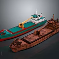 Water Vessels Modern Cargo Ship With Green Red Hull Yellow Crane And Rusty Barge