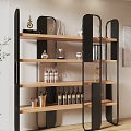 Modern Shelving Unit Featuring Black Frame Wooden Shelves Holding Wine Bottles Glasses Decorative Items