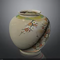 Sculpted Ceramic Vase With Intricate Floral Carvings Red Pink Flowers Green Leaves