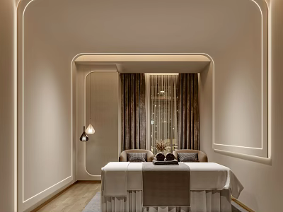 Relaxing SPA Sauna Interior Design With Massage Table Curtains And Soft Lighting 3d model
