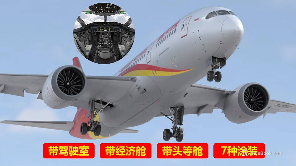 Commercial Passenger Airplane With Cockpit Economy Class First Class And 7 Color Paint Schemes 3d model 