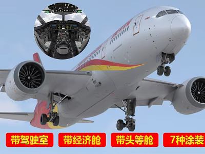 Commercial Passenger Airplane With Cockpit Economy Class First Class And 7 Color Paint Schemes 3d model