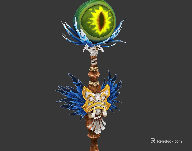 Mystical Staff Weapon With Green Orb Eye Design Blue Feathers And Gold Details 3d model 