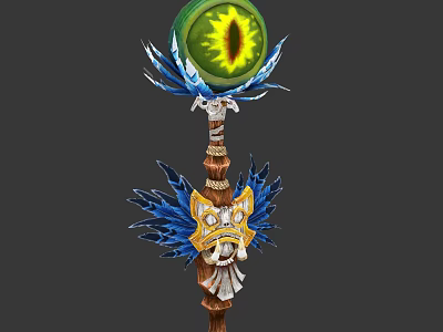 Mystical Staff Weapon With Green Orb Eye Design Blue Feathers And Gold Details 3d model