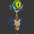 Mystical Staff Weapon With Green Orb Eye Design Blue Feathers And Gold Details