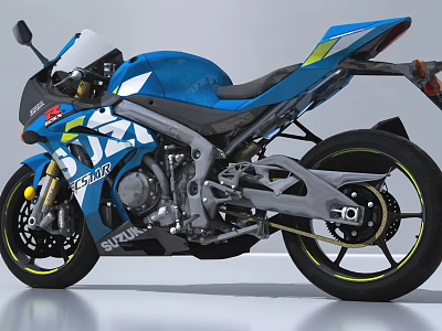 Blue Sport Motorcycle With Sleek Design Black Seat And Yellow Rims 3d model