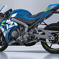 Blue Sport Motorcycle With Sleek Design Black Seat And Yellow Rims