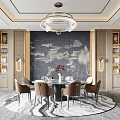 Chinese Style Modern Restaurant Interior With Round Dining Table Beige Chairs Chandelier Landscape Painting Wall