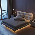 Modern Double Bed with Upholstered Headboard Gray Bedding Wooden Wall Nightstand and Window