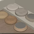 Round Woven and Linen Floor Cushions in Beige and Gray on Wooden Floor