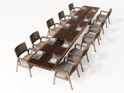Long Wooden Table And Chair Set With 12 Wicker Back Chairs And Tableware 3d model