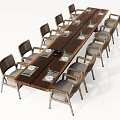 Long Wooden Table And Chair Set With 12 Wicker Back Chairs And Tableware