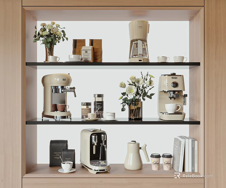 Stylish Kitchen Appliances Display With Coffee Makers Espresso Machine And Decorative Vases 3d model 