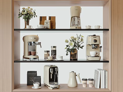 Stylish Kitchen Appliances Display With Coffee Makers Espresso Machine And Decorative Vases 3d model