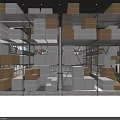 Warehouse Interior With Organized Metal Shelves And Stacked Gray Brown Boxes