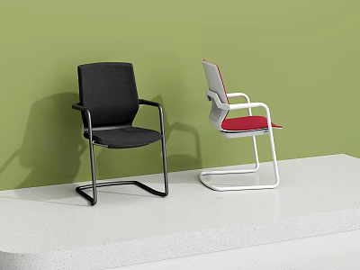 Modern Office Chair with Black Red Upholstery and Metal Frame on Green Wall White Platform 3d model