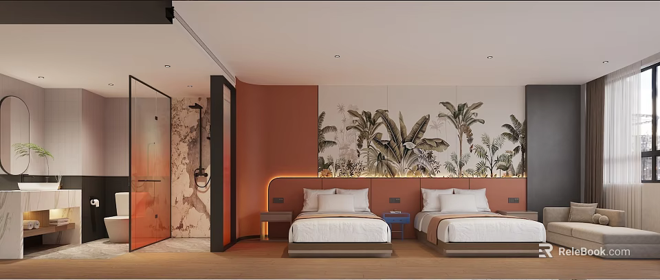 Hotel Room Interior With Twin Beds Orange Accent Wall Tropical Plant Mural And Glass Shower 3d model 