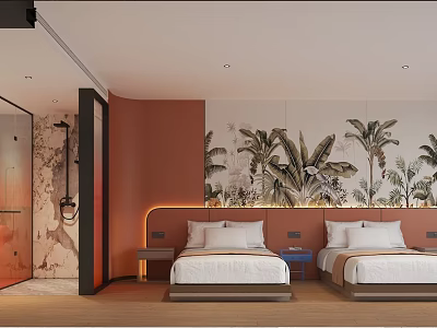 Hotel Room Interior With Twin Beds Orange Accent Wall Tropical Plant Mural And Glass Shower 3d model