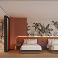 Hotel Room Interior With Twin Beds Orange Accent Wall Tropical Plant Mural And Glass Shower