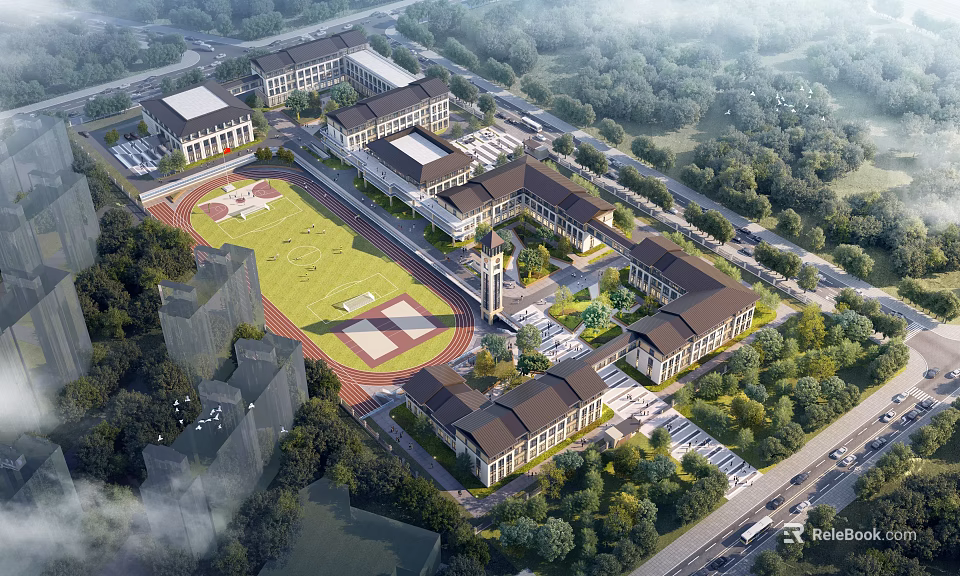Campus School Buildings With Sports Field Clock Tower Running Track And Green Trees 3d model 