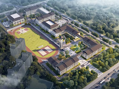 Campus School Buildings With Sports Field Clock Tower Running Track And Green Trees 3d model