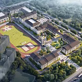 Campus School Buildings With Sports Field Clock Tower Running Track And Green Trees