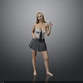 Blonde Woman In White Top And Gray Skirt Standing Barefoot On Gray Background