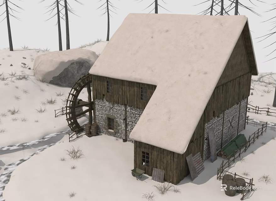 Rustic Wooden Mill in Snowy Landscape with Waterwheel and Stone Walls 3d model 