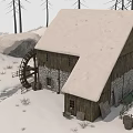 Rustic Wooden Mill in Snowy Landscape with Waterwheel and Stone Walls