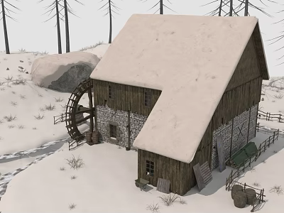 Rustic Wooden Mill in Snowy Landscape with Waterwheel and Stone Walls 3d model