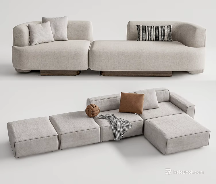 Modern Modular Sofa Set With Light Gray Upholstery Pillows And Throw Blanket 3d model 