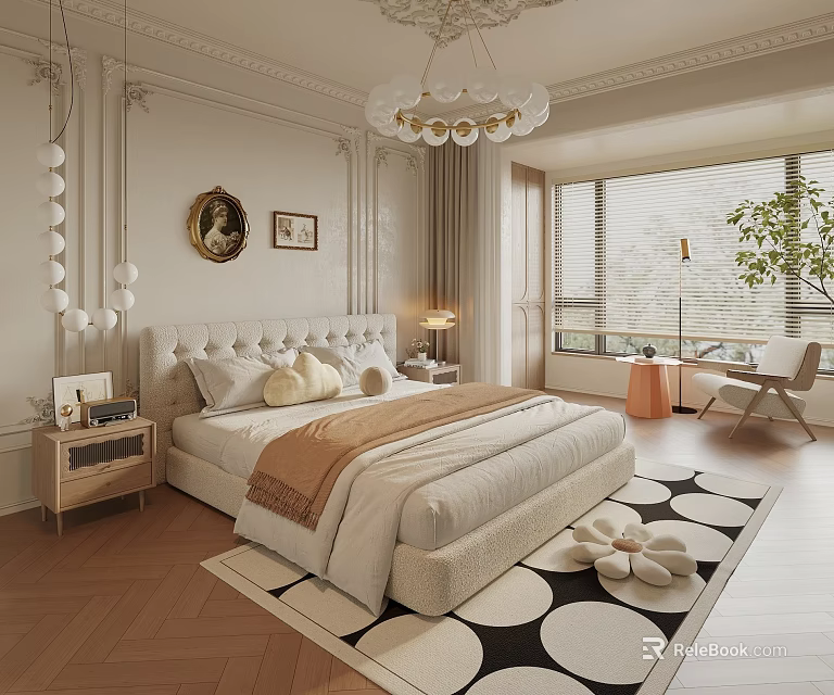 Elegant Bedroom Interior With White Walls Decorative Moldings Chandelier Plush Pillows And Patterned Rug 3d model 