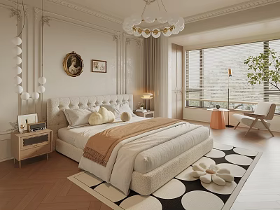 Elegant Bedroom Interior With White Walls Decorative Moldings Chandelier Plush Pillows And Patterned Rug 3d model