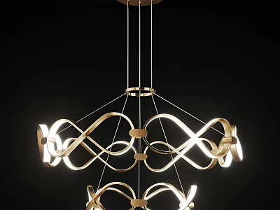 Modern Intertwined Curved Metal Chandelier Featuring Golden Frame And Warm Lighting Glow 3d model